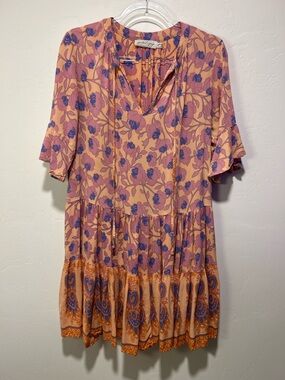 Petal & Pup Floral Boho Tiered Short Sleeve Mini Dress Rayon Pink Orange Size 8